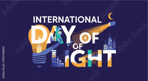 International Day of Light logo in colorful vibrant lighting on dark blue background for science and education