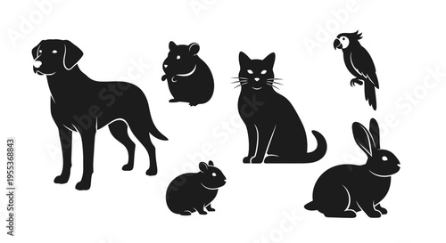Black silhouettes of dog cat parrot rabbit hamster and mouse on white background animal icons