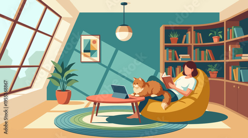 A cozy indoor atmosphere where a woman enjoys reading a book with her cat lounging on her lap, surrounded by natural light and stylish decor, perfect for relaxation.