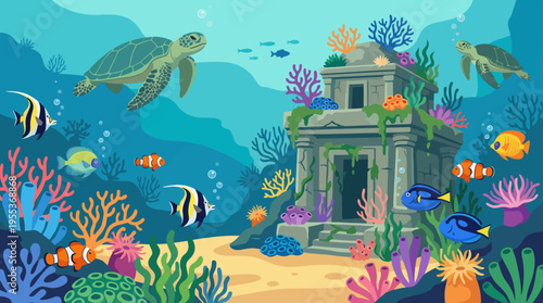 An enchanting underwater view showcasing a rich marine ecosystem, featuring sea turtles and vibrant coral reefs, illustrating the beauty and diversity of ocean life.