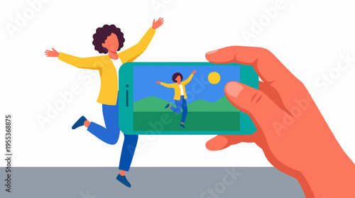 A vivid representation of a person joyfully capturing a moment on their smartphone, surrounded by nature, emphasizing the joy of photography and connecting with the world.