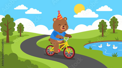 A cheerful bear wearing a party hat rides a yellow bicycle along a path in a sunny park, exuding joy and excitement in a vibrant, playful setting.