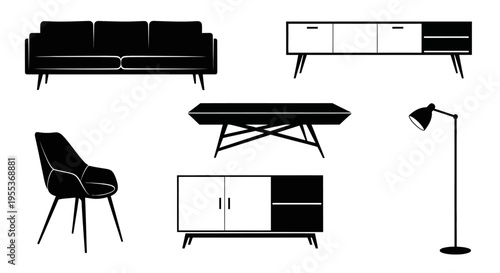 Mid century modern furniture set with sofa chair coffee table sideboards and floor lamp on white background