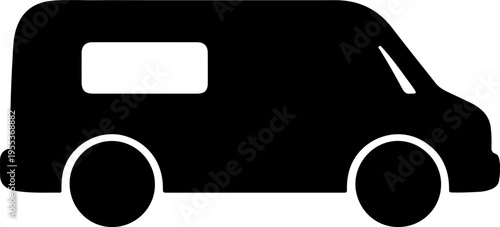 A black silhouette illustration of a van driving on the road