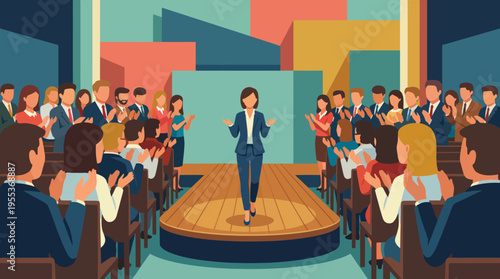 A confident speaker stands on stage as an audience applauds, illustrating engagement and inspiration during an important conference or presentation event.