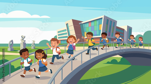 A vibrant scene depicting happy children running together towards school, showcasing camaraderie, excitement, and the joy of learning in a colorful environment.