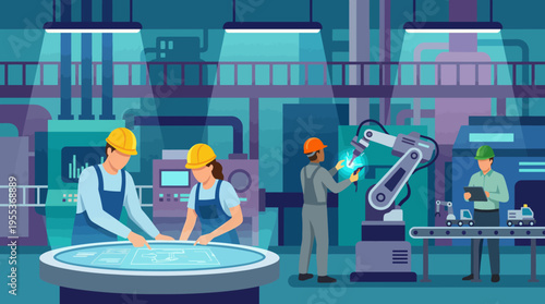 Engineers collaborate in a high-tech factory with machinery, highlighting the blend of technology and teamwork in the modern manufacturing process.