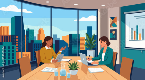 Two professionals engaged in a business meeting in a sleek office, reflecting collaboration, productivity, and the dynamic nature of the corporate world.