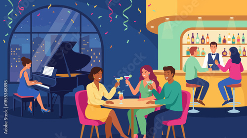 An engaging scene of stylish friends enjoying drinks in a lively bar, capturing the essence of friendship, celebration, and nightlife in a modern urban setting.
