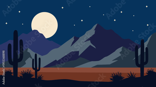 A serene desert landscape illuminated by a full moon, showcasing natural beauty, tranquility, and the mysterious allure of the night sky in a minimalist style.