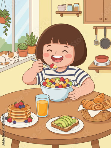 This warm image depicts a joyful child savoring a healthy breakfast, featuring colorful fruits, pancakes, and toast, capturing the essence of wholesome nourishment and family moments.