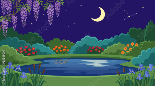 A peaceful and enchanting night scene featuring a tranquil lake surrounded by colorful flowers and trees, under a starry sky and crescent moon, invoking calmness and reflection.