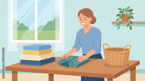 A cheerful woman folding freshly laundered clothes in a bright and airy room, emphasizing the routine yet satisfying activity of maintaining a tidy home.