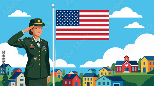 A proud female soldier saluting in front of the American flag, symbolizing bravery and service, embodying dedication and the spirit of patriotism.