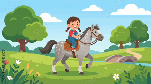 A vibrant illustration of a cheerful girl riding a pony through a picturesque landscape filled with lush greenery, trees, and a serene sky, emphasizing joy and freedom.