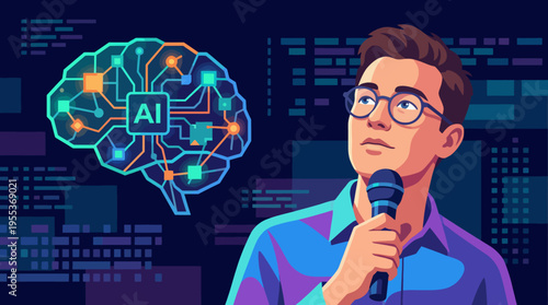 A man deep in thought regarding AI technologies, depicted in a high-tech environment filled with digital graphics including a brain, showcasing innovation and creativity.