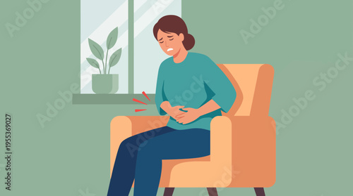 An illustration depicting a woman sitting in a chair, showing discomfort and pain in her abdomen, surrounded by a calm environment with a plant and muted colors.