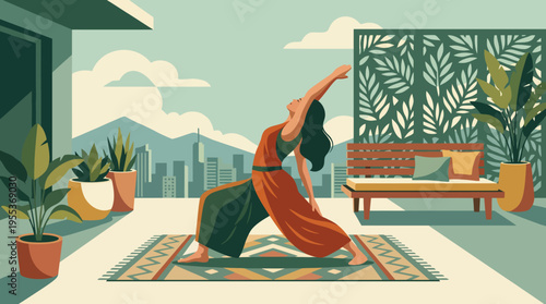 An elegant illustration of a woman practicing yoga poses on a modern terrace with a stunning city view, showcasing balance, flexibility, and serenity in a peaceful environment.