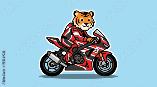 A whimsical illustration depicting a cartoon-style tiger wearing a racing outfit and riding a motorcycle, blending humor with adventure in a colorful and engaging manner.