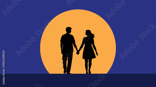 A romantic silhouette of a couple walking hand-in-hand against a vibrant sunset backdrop, symbolizing love, connection, and shared moments in life together.