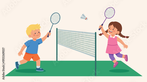 A lively illustration featuring two children enjoying a game of badminton, radiating joy and competition in a bright and colorful setting with a net and vibrant surroundings.