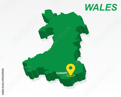 Wales Map Vector, Cardiff Capital City Marker on Green 3D Country Shape, Wales Infographic Design, Editable Destination Pointer Wales Geography