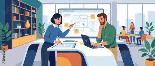 Fotografía A dynamic scene of professionals collaborating in a bright office space, showcasing teamwork, innovation, and the creative process in a modern work environment