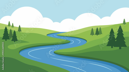 An idyllic landscape featuring a winding river, rolling green hills, and fluffy clouds, evoking feelings of peace, nature, and a serene escape from daily life.