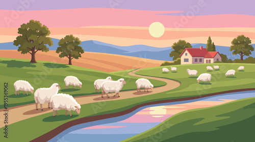 A pastoral landscape depicting sheep grazing peacefully along a winding path at sunset, portraying tranquility and the simple beauty of rural life in harmony with nature.