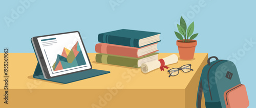 A visually appealing workspace setup featuring a tablet, stacked books, a potted plant, and a backpack, perfect for conveying productivity and modern learning.