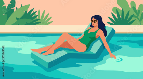 A stylish woman enjoying a sunny day lounging by a pool, encapsulating relaxation, leisure, and the joys of a carefree lifestyle under a tropical setting.