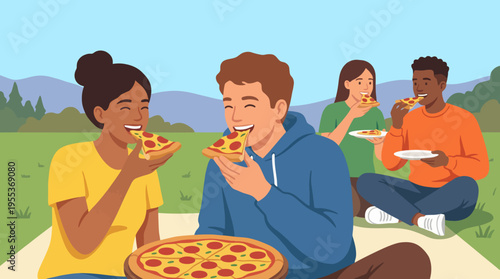 A delightful illustration of a group of friends sharing delicious pizza during a picnic in a beautiful outdoor setting, capturing friendship, fun, and enjoyment of life.