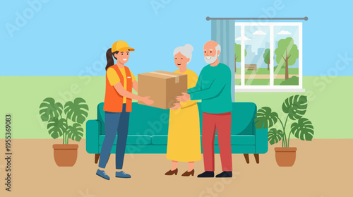 A warm-hearted illustration of a delivery person presenting a box to cheerful seniors, symbolizing community support and care in a cozy home setting filled with greenery.