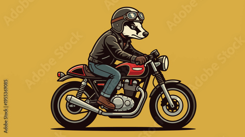 A colorful illustration of a stylish badger riding a motorcycle, encapsulating a fun and adventurous spirit with a retro aesthetic emphasis on thrill and freedom.