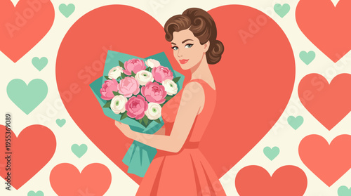 A charming illustration of an elegant woman holding a beautiful bouquet against a backdrop of hearts, capturing the essence of romance and affection in a stylish manner.