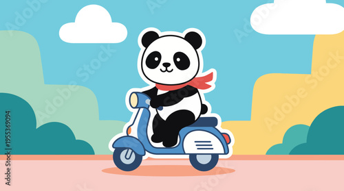 A cheerful panda wearing a red scarf rides a vintage scooter, capturing a whimsical and fun moment that highlights joy and adventure in a colorful setting.