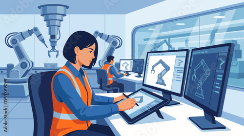 An engineer collaborates with advanced robotic technologies in a state-of-the-art laboratory, illustrating innovation, precision, and the future of automation in design.