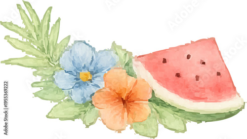 Watercolor Tropical Summer Clipart Bundle, Floral Arrangements, Hibiscus, Lemon Citrus, Watermelon, Soft Pastel Botanical Design