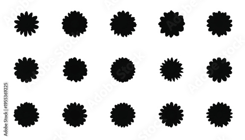 Fifteen stylized black icons represent various circular flower heads or abstract botanical markings for.