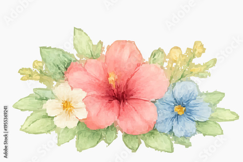 Summer Watercolor Floral Collection, Tropical Hibiscus Flowers, Citrus Lemon, Watermelon Clipart, Hand Painted Botanical, Transparent Background.