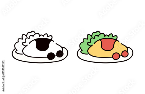 白黒と色ありのオムライスのイラストセット