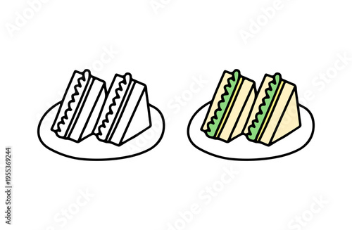 白黒と色ありのサンドイッチのイラストセット