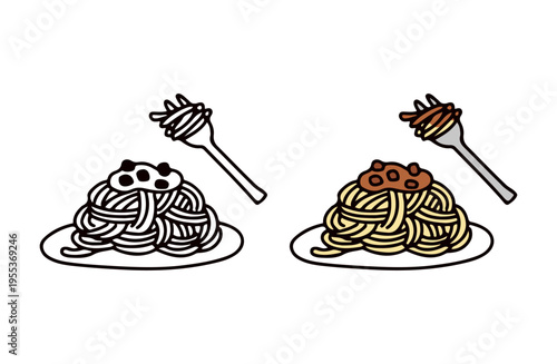白黒と色ありのミートパスタのイラストセット