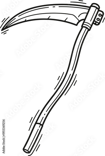 Minimal scythe illustration with curved blade simple farming tool line art vector