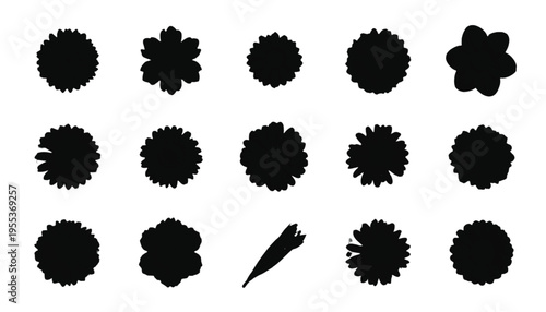 Collection of fifteen unique black circular abstract shapes displays various jagged and spiky edge.