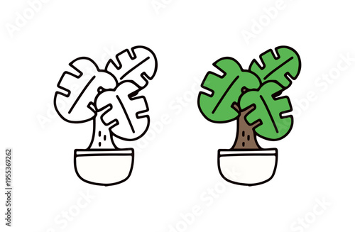 白黒と色ありの観葉植物のイラストセット