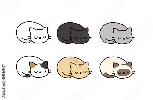 眠るいろいろな種類のネコのイラストセット