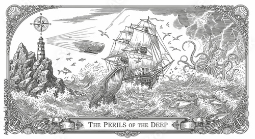 Vintage Nautical Illustration of Sea Monsters and Sailing Ship