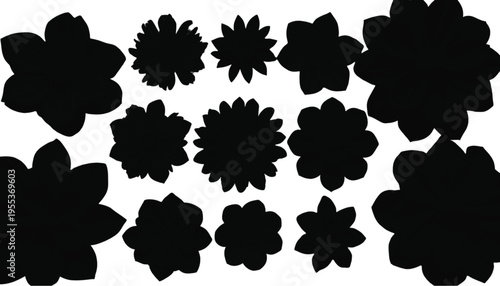 Assortment of various black flower shape silhouettes displays different petal counts and styles.