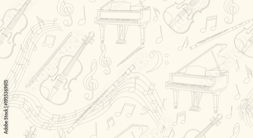 Seamless Pattern with Hand Drawn Musical Instruments and Notes
